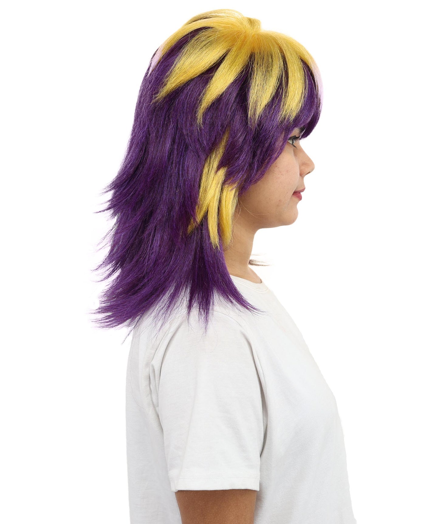 HPO Women’s Layered Purple & Yellow Spiky Anime Wig – 17 Inch Two-Tone Synthetic Hair with Capless Cap Design | Ideal for Roleplay, Cosplay Events & Themed Parties