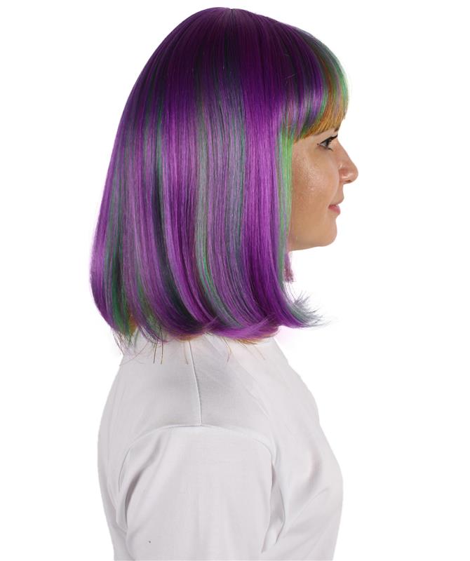 HPO Women's Multi colour Mardi Grass Festival Bob Wig with Bangs I Flame-retardant Synthetic Fiber