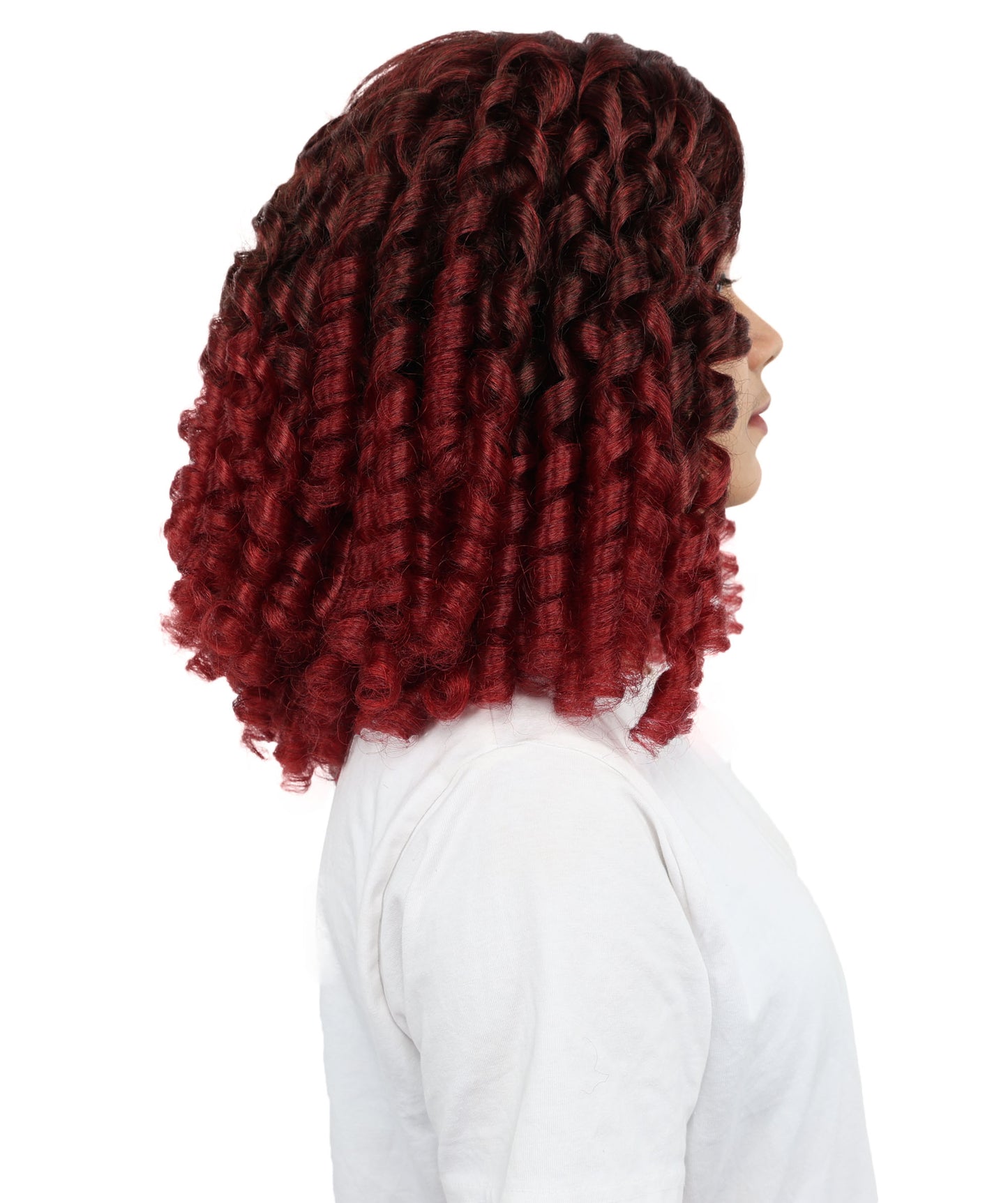 HPO Women's Burgundy Curly Wig | Medium Synthetic Hair with Intricate | Adjustable Breathable Cap for Cosplay, Halloween, Parties & Stage