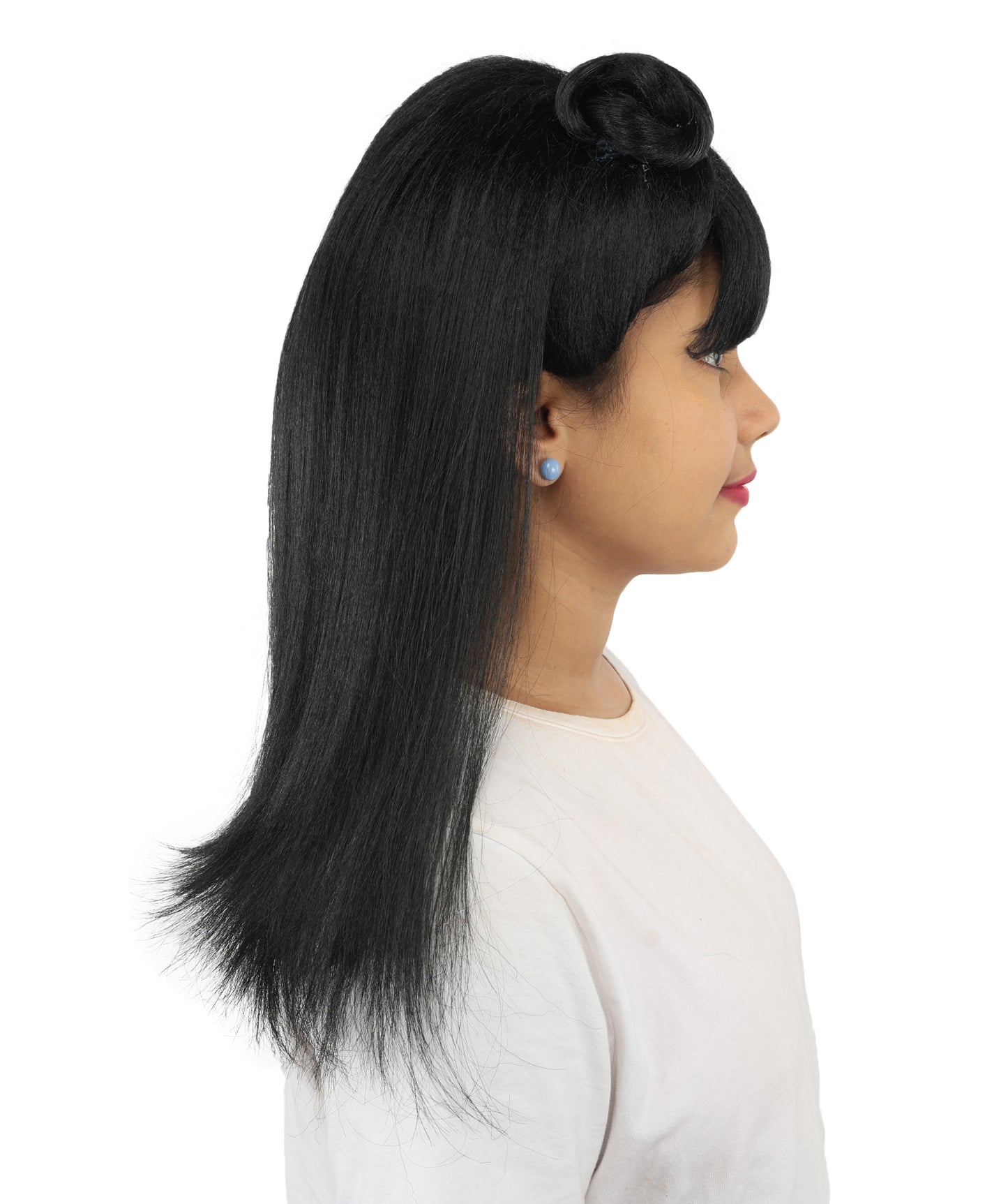 HPO Women's Brown & Pink Half Updo Bangs Wig | Create of synthetic fiber, blunt fringe with top bow, breathable base | Party, Halloween, theater, drag, performance, costume events