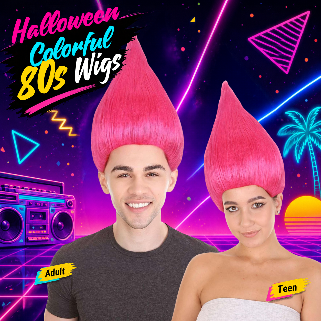 HPO Troll Neon Pink Wig Synthetic Costume Hairpiece Bundle Set for Adult & Teen - Tall Spiked Fantasy Upright Hairstyle With Bold Volume for Cosplay Events & Themed Dress-Up.