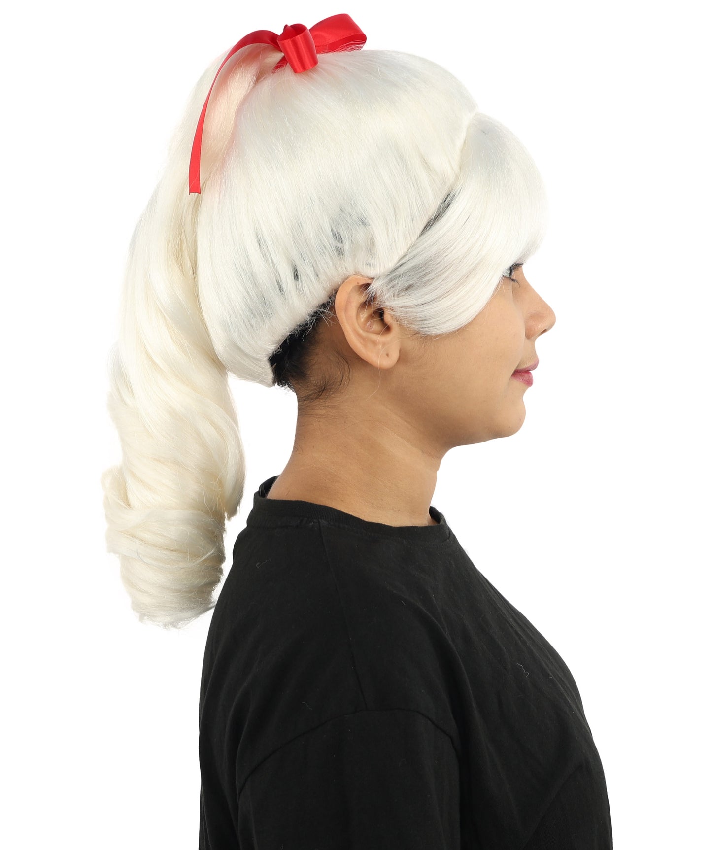 HPO Women's Spiral Ponytail Wig | Multicolor Options | High Updo with Red Ribbon Bow & Bangs, Heat Friendly Synthetic Fiber & Breathable Cap | Halloween, Christmas Event, Themed Party, Theater & Roleplay