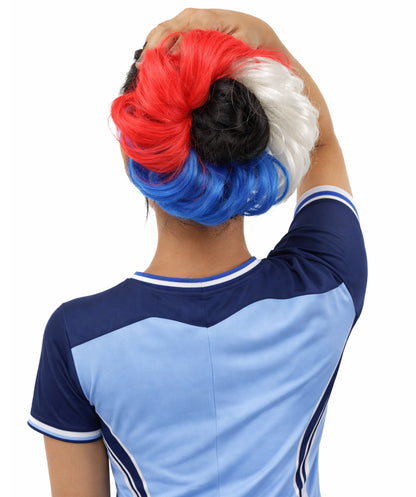 HPO Women's Patriotic Flag Hair Scrunchie | Multilayered synthetic hair texture with round elastic construction | Ideal for party, Halloween, cosplay, theater, drag, performance, costume events