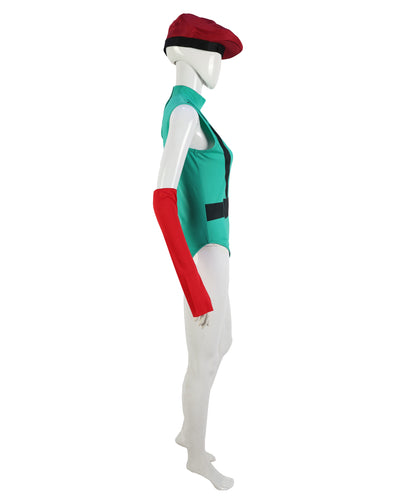 HPO Warrior Green & Red Bodysuit Costume with Helmet & Hand Gloves | Heroine Outfit with Arm Accessories | Designed for Halloween & Party