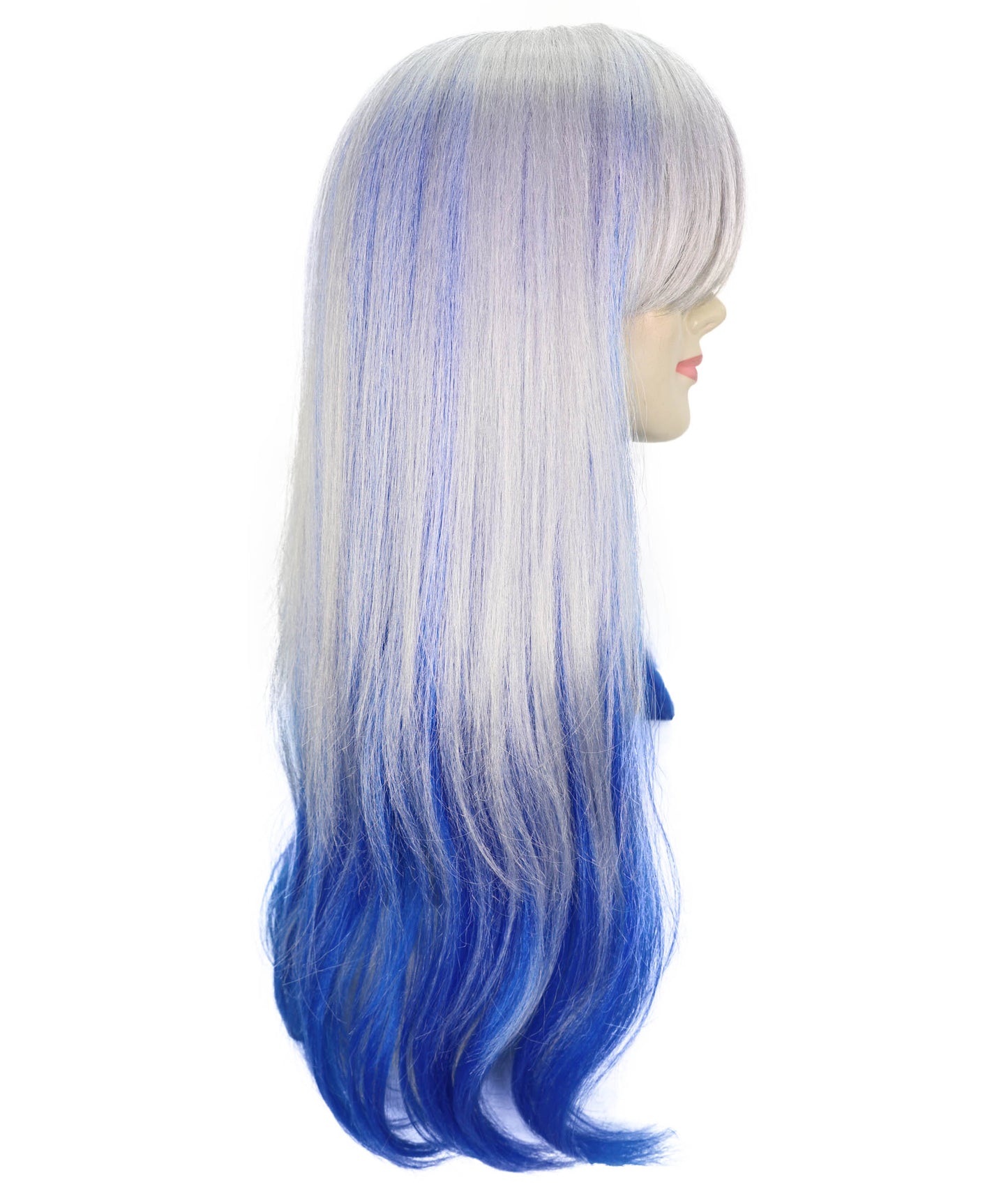 HPO Adult Women’s Long Wavy Silver and Blue Gradient Wig  | Flame-retardant Synthetic Fiber | Flipped Ends Wig for Halloween and Cosplay