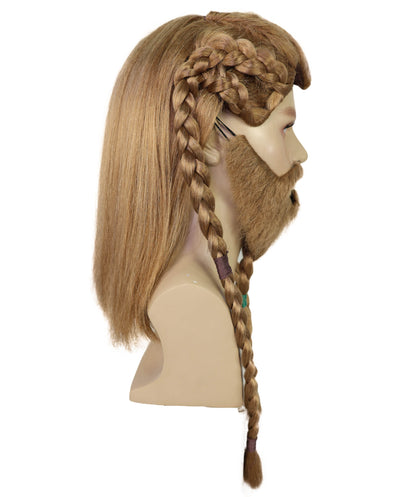 HPO Men's Viking Braided Brown Wig, Beard & Mustache Set | Long Synthetic Hair with Braided Styling | Nordic Warrior Inspired or Festivals, Parties