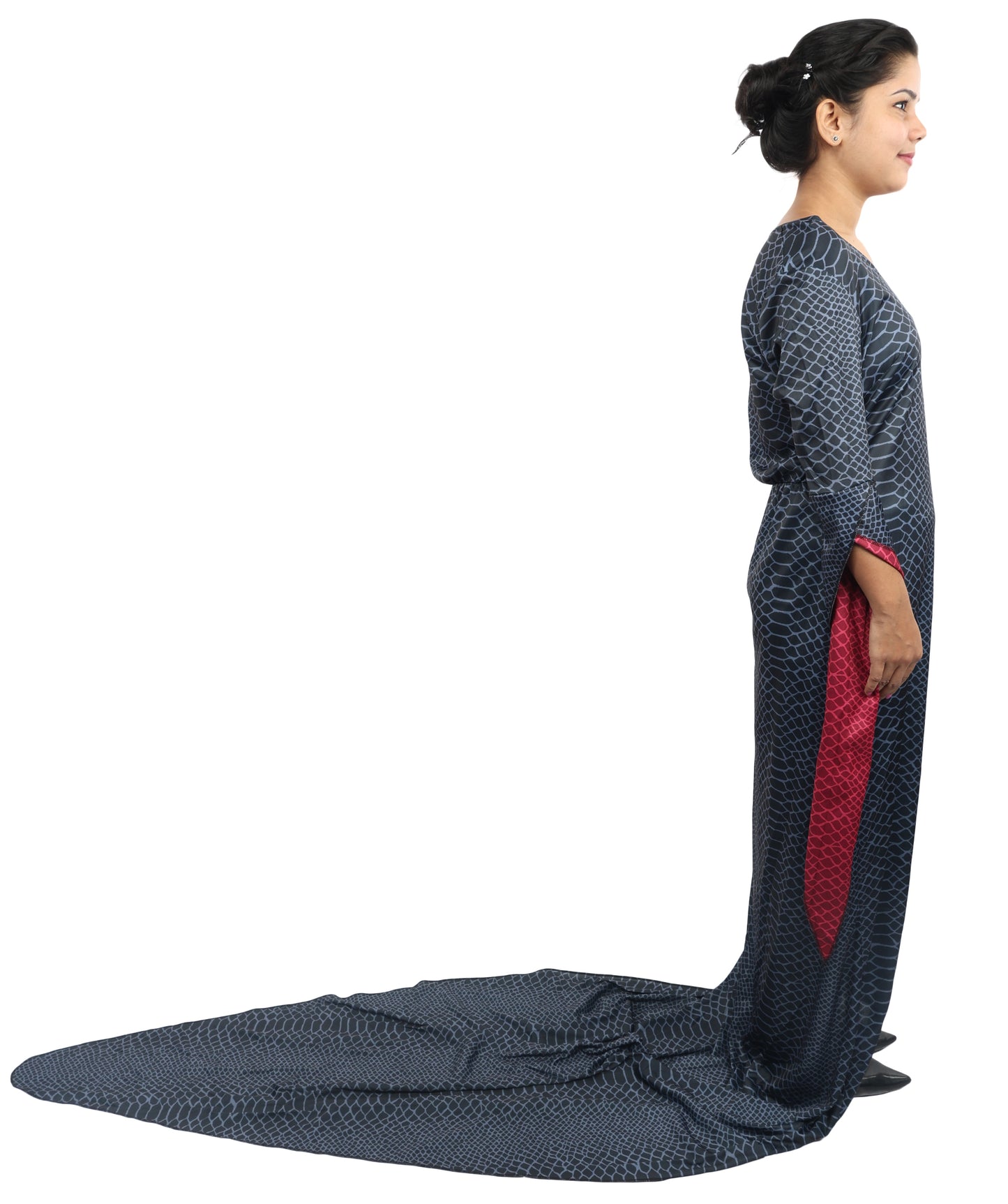 HPO Women's Black Velvet Long Train Gown Costume – Elegant Floor Length Cosplay Dress | Perfect for Halloween, Gothic Parties