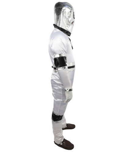 HPO Men's Metallic Silver & Black Android Bodysuit | Shiny PVC and Satin Finish with Full Head Cap and Matching Hand Gloves | Ideal for Cosplay, Halloween, Drag, and Futuristic Theater Performances