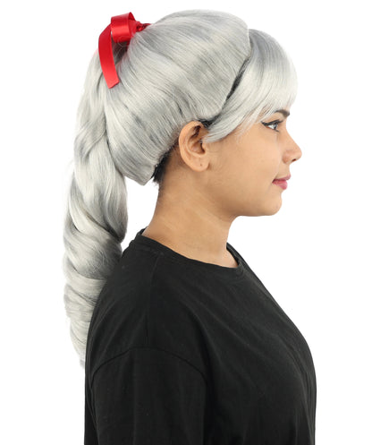 HPO Women's Spiral Ponytail Wig | Multicolor Options | High Updo with Red Ribbon Bow & Bangs, Heat Friendly Synthetic Fiber & Breathable Cap | Halloween, Christmas Event, Themed Party, Theater & Roleplay