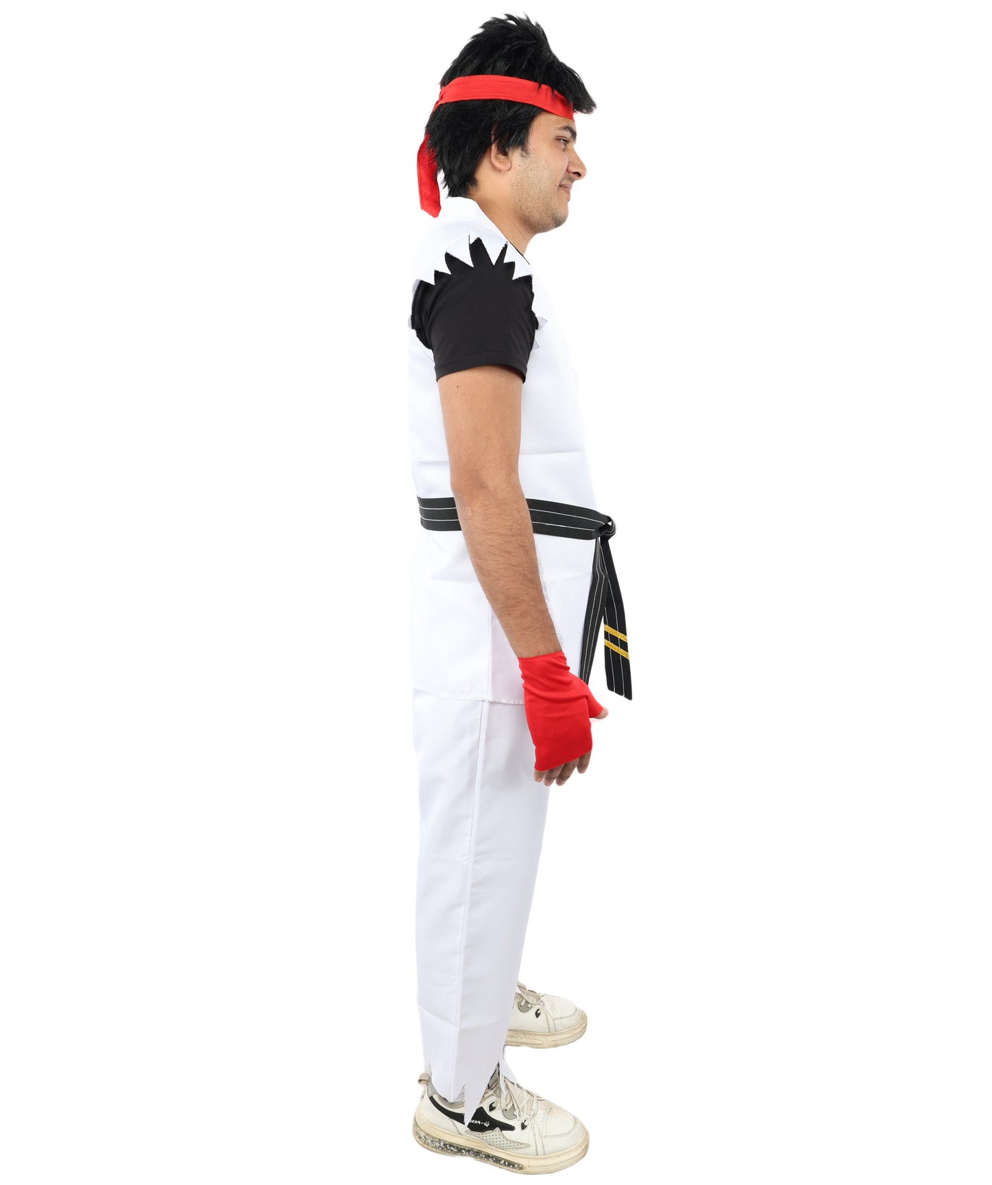 HPO Men's Martial Arts Fighter Outfit | White GI Costume with Body, Pant, Belt, Gloves, Headband | Video Game Fighter costume For Cosplay & Themed Battle Events