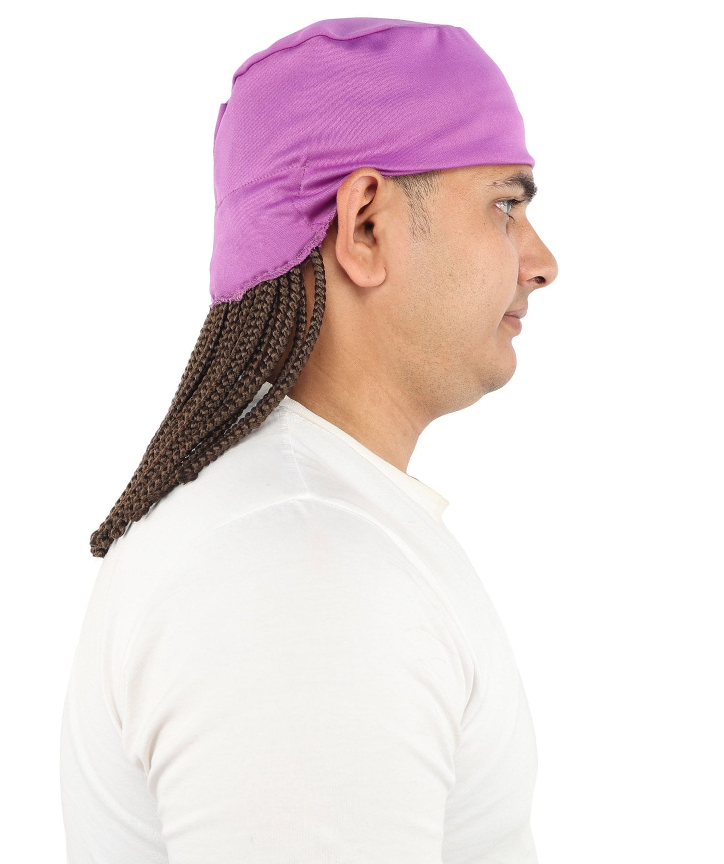 Men’s Movie Character Inspired Black Braided Wig with Purple Head Wrap Hat | Flame-retardant Synthetic Fiber | Ideal Hairpiece for Cosplay & Halloween