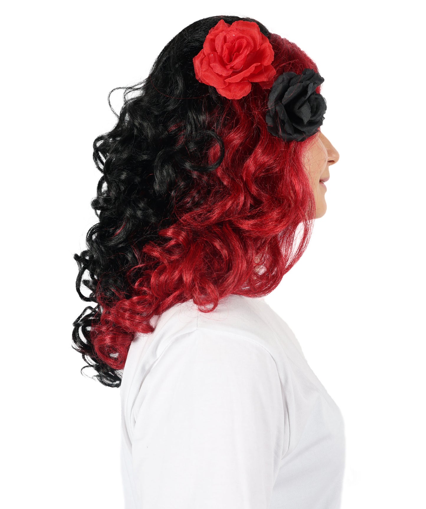 HPO Women’s Day of the Dead 17-Inch Black and Red Curly Wig with Flower | Halloween & Cosplay Wig | Flame-retardant Synthetic Fiber