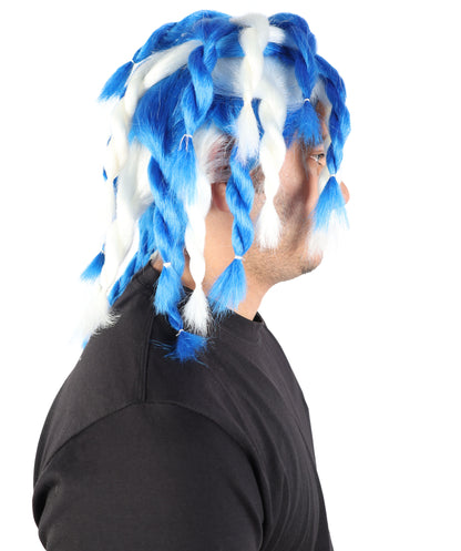 HPO Men's Braided Rasta Dreadlocks Blue & White Wig | Medium Synthetic Hairpiece | Cosplay, Halloween, Party & Stage Costume