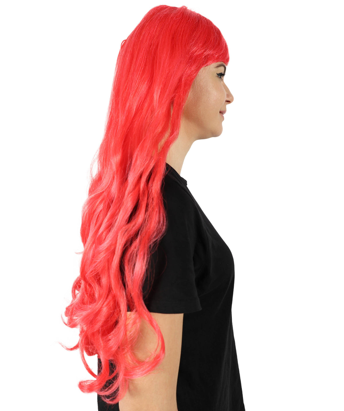 HPO Women's Red Long Wavy Desire Wig with Front Bangs | Halloween and Party Wig | Flame-retardant Synthetic Fiber  |  Premium Breathable Capless Cap