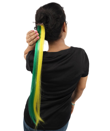 HPO Women's Brazilian Clip-in Hair Extension | Sleek straight green and yellow synthetic fibers featuring a secure snap attachment | Ideal for party, Halloween, cosplay, theater, drag, performance, costume events