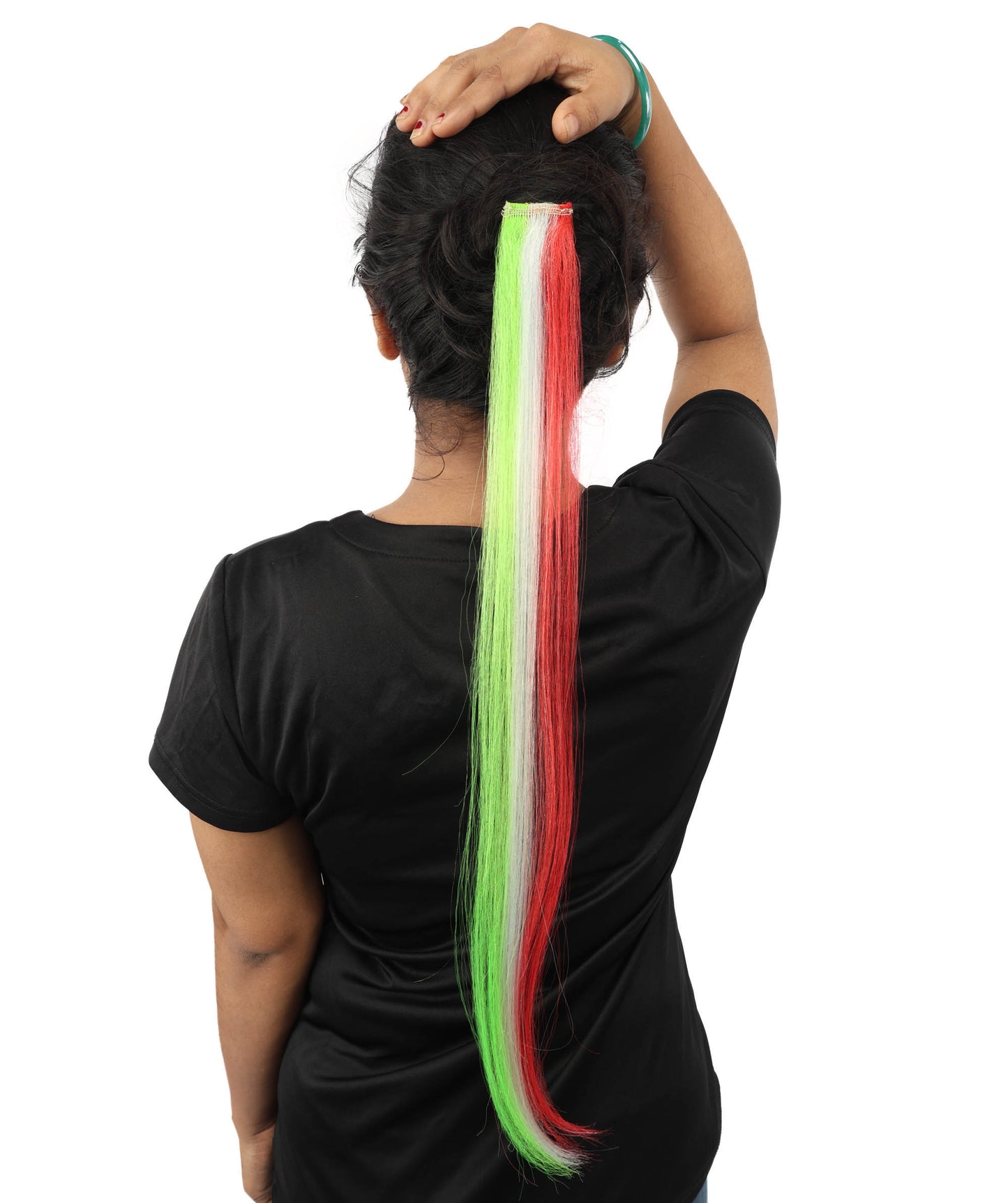 HPO Women's Clip-in Hair Extension | Sleek straight green, white and red synthetic fibers featuring a secure snap attachment | Ideal for party, Halloween, cosplay, theater, drag, performance, costume events