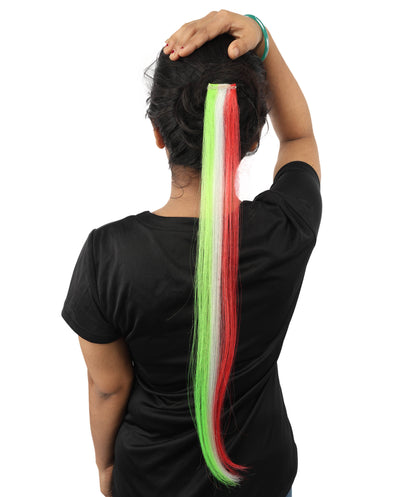 HPO Women's Clip-in Hair Extension | Sleek straight green, white and red synthetic fibers featuring a secure snap attachment | Ideal for party, Halloween, cosplay, theater, drag, performance, costume events