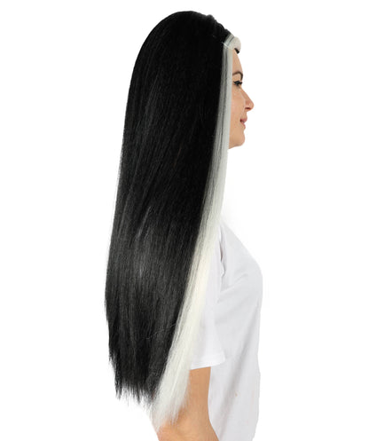 Women’s Extra Long Straight Black and White Widow’s Peak Wig with Center Part | High-Volume Hairpiece for Halloween, Cosplay & Gothic Character Looks