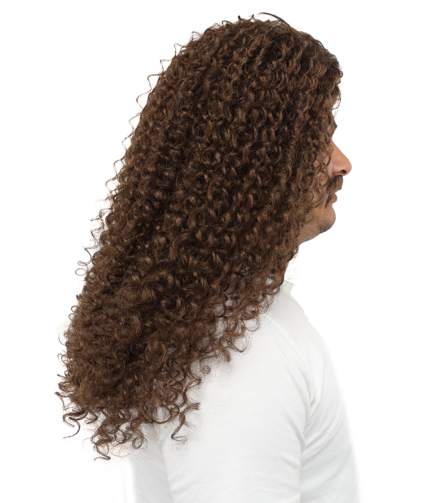 HPO Men's Long Curly Wig & Mustache Set for Men | Natural-Looking Brown Synthetic Hairpiece | Wig for Cosplay, Halloween & Stage Use