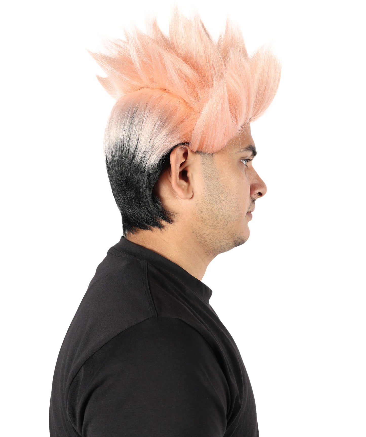 Anime-Inspired Spiky Wig | Black with Coral Mixed Streaks | Short Layered Hairstyle with Adjustable Cap for Halloween, Carnival & Parties