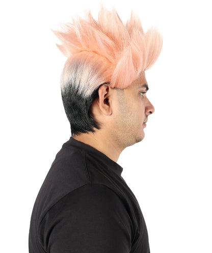 Anime-Inspired Spiky Wig | Black with Coral Mixed Streaks | Short Layered Hairstyle with Adjustable Cap for Halloween, Carnival & Parties