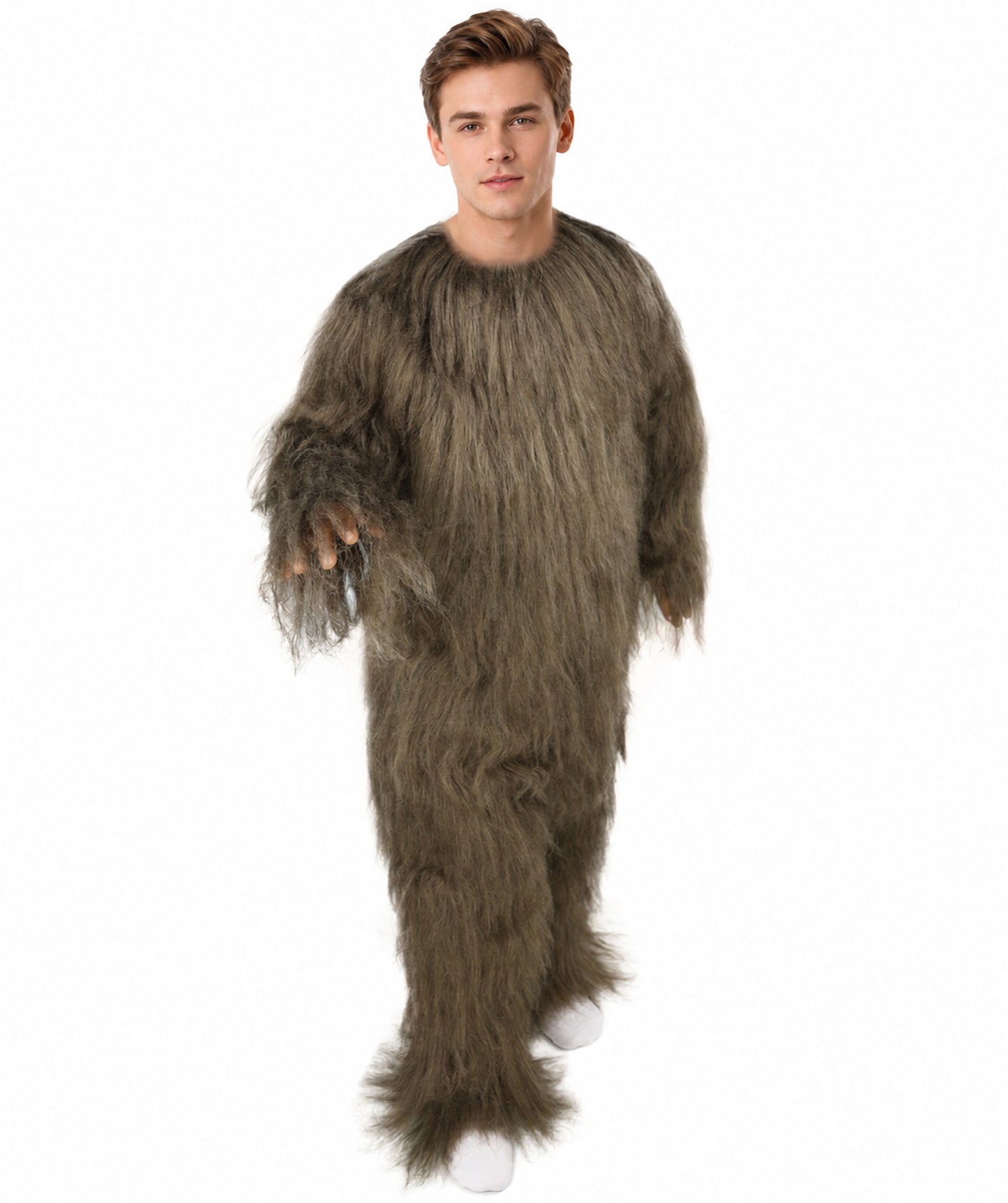 HPO Unisex Extreme Hairy Person Costume, Mask and Bundle - Full-Body Hair Suit Extra-Long Ash Brown Costume Wig for Halloween, Cosplay & Parties