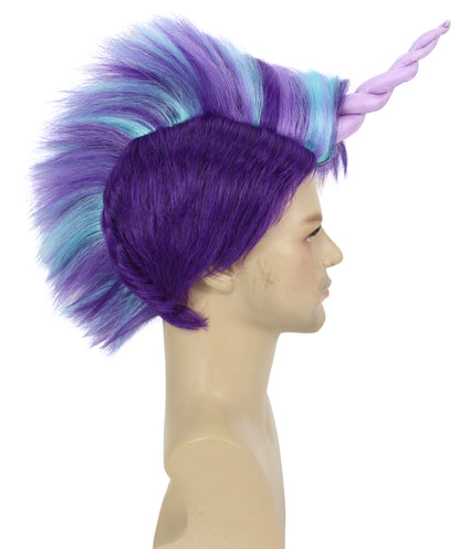 HPO Men's Fairytale Purple & Blue Spiky Wig with Horn I Unicorn Halloween Wig I Flame-retardant Synthetic Fiber