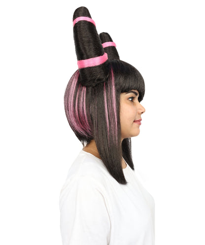 HPO Women’s Twin Bun Cosplay Wig | Black With Pink Spiky Hairpiece with Styled Double Buns | Synthetic Fibers with Adjustable Cap for Parties & Stage