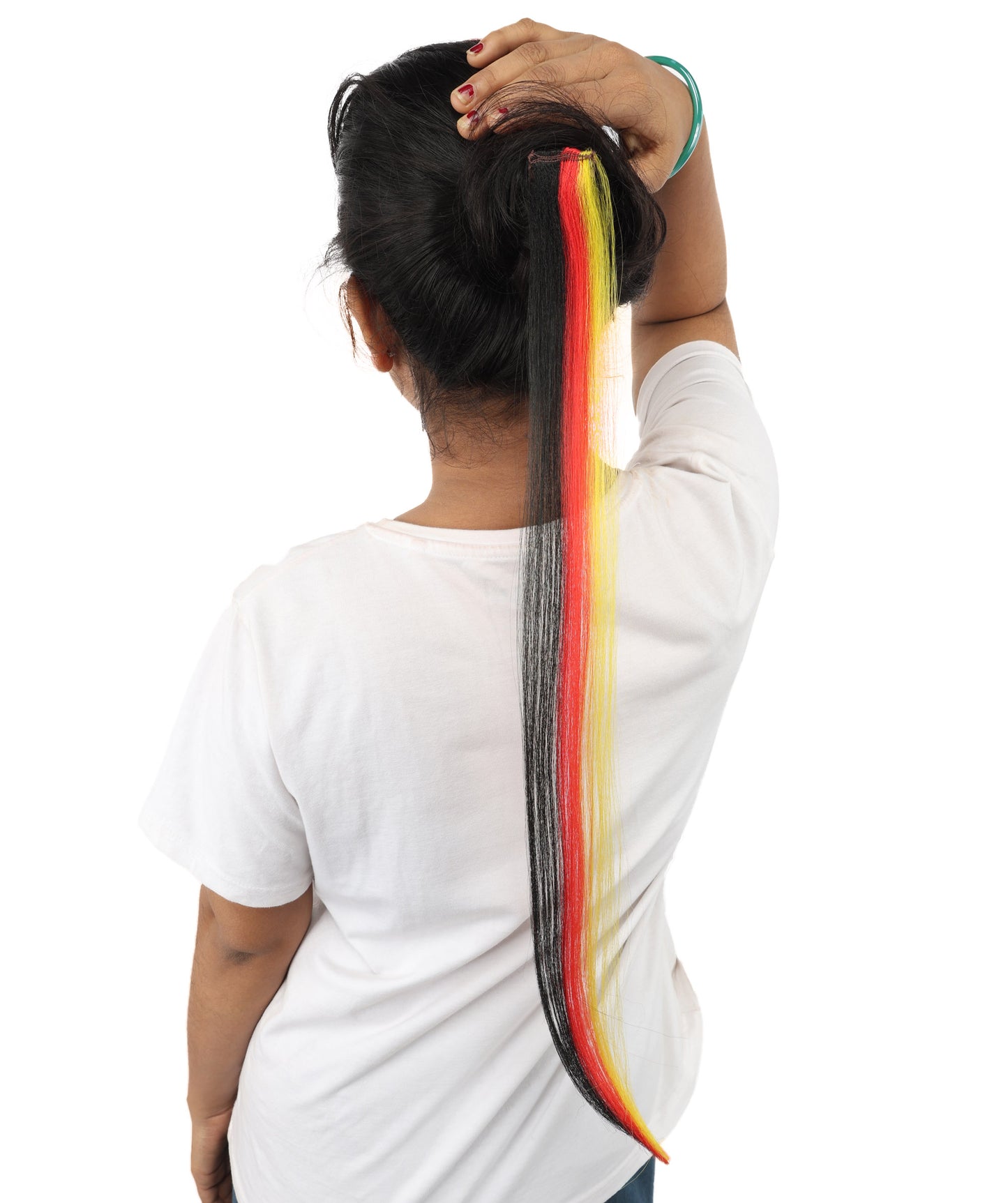 HPO Women's German Clip-in Hair Extension | Sleek straight red, black and yellow synthetic fibers featuring a secure snap attachment | Ideal for party, Halloween, cosplay, theater, drag, performance, costume events
