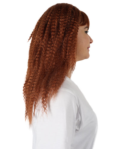 HPO Women’s Retro 80’s Voluminous Curly Brown 17 Inch Rocker Crimp Wig with Bangs | Halloween & Cosplay Wig | Flame-retardant Synthetic Fiber