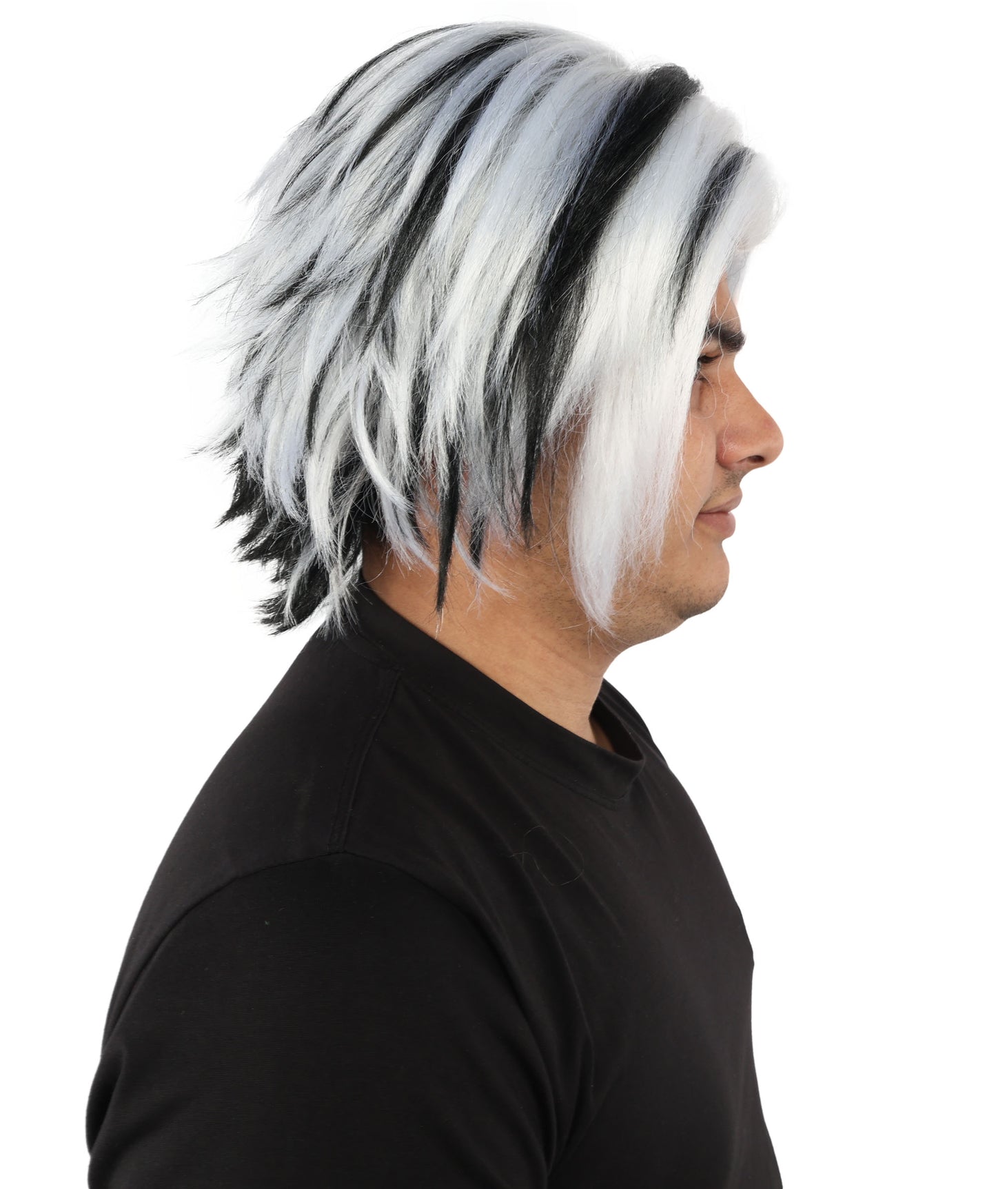 HPO Men's Two Tone Black & White Layered Anime Hair | Frosted Tips Messy Style, Natural Matte Finish, Adjustable Interior Net & Durable Strands | Carnival, Dress Up, Fantasy Conventions, Theater & Photo Shoots