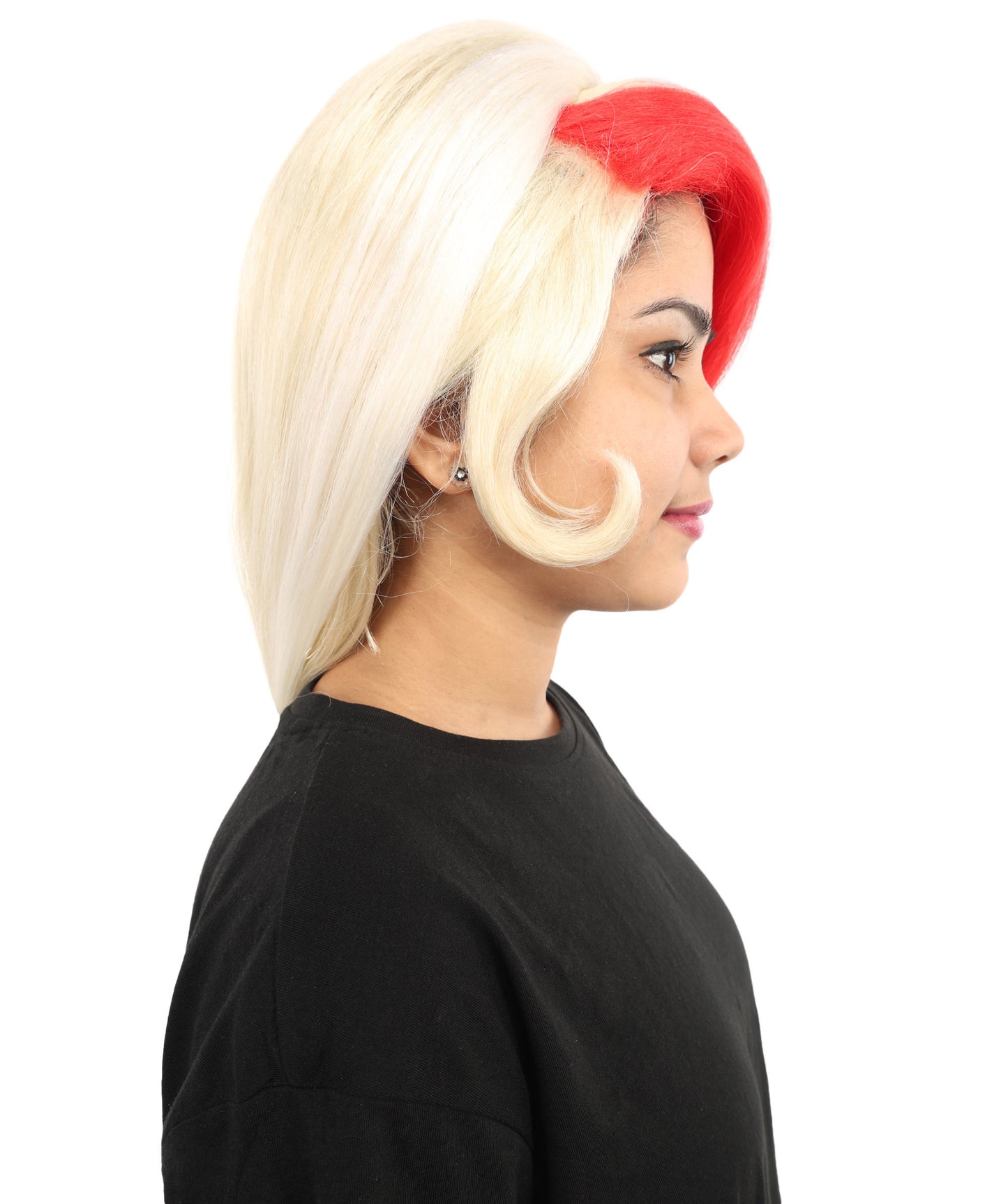 HPO Women's Vibrant Red & Blonde Character Wig | Extra Long Synthetic Hair with Layered Bangs | Adjustable Breathable Cap for Cosplay, Halloween & Stage
