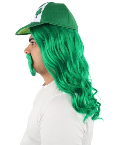 Green Mullet Hair Hat Wig & Mustache Set for Men | Synthetic Retro Punk Hairstyle | Wigs for Cosplay, Halloween, Parties & Roleplay