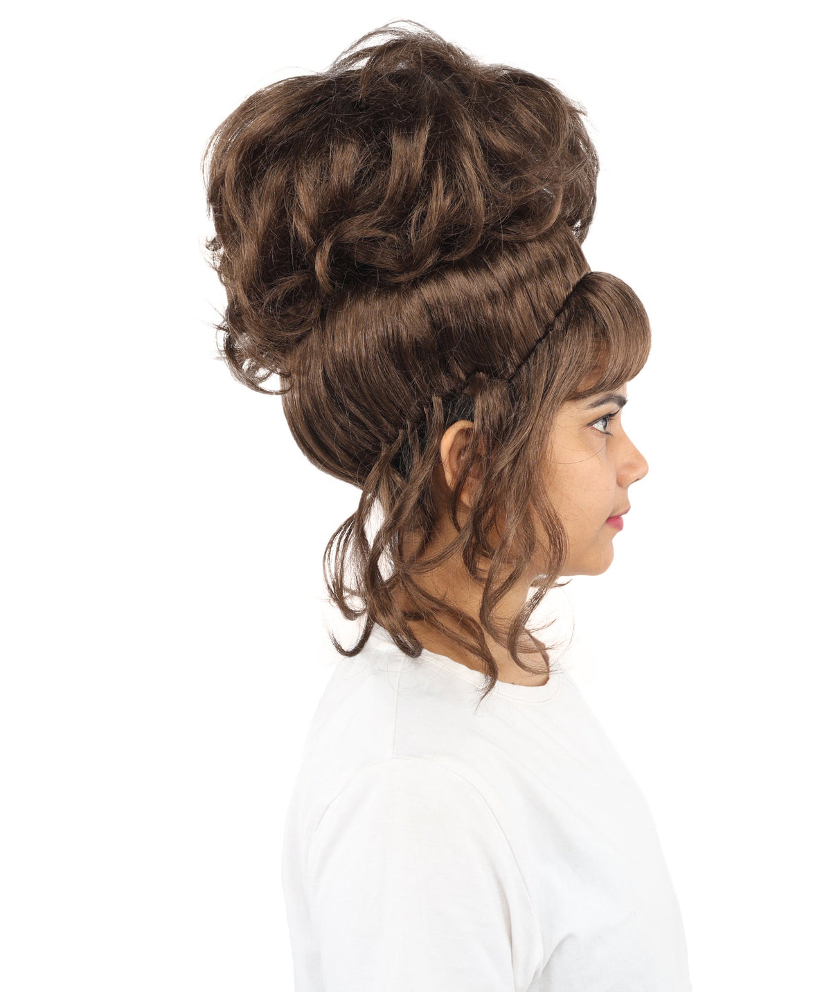 HPO Adult Women's Elegant Updo Tendril Wig | Multiple Color Options | Pastel peach hue, create of synthetic fiber, high teased volume with face-framing strands, breathable capless cap | Party, Halloween, theater, drag, performance, costume events