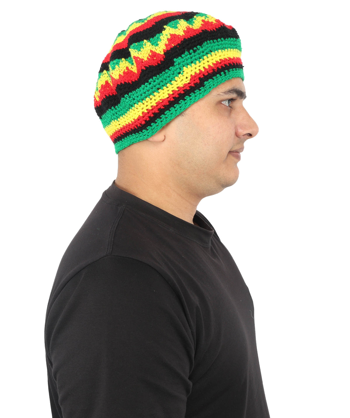 HPO Red Yellow Green Striped Rasta Beanie Hat Rainbow Knit Cap - Knitted Rainbow Headwear with Black Accents Rounded Relaxed Fit for Halloween Cosplay Parties & Events