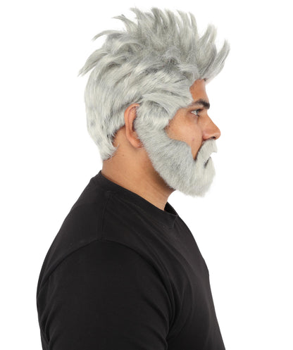 HPO Men’s Animated Genius Spiky Wig Beard & Mustache Set  – Wild Mad Scientist Pointed Beard & Curled Mustache Combo | Ideal for Animated Cosplay, Halloween Parties & Events