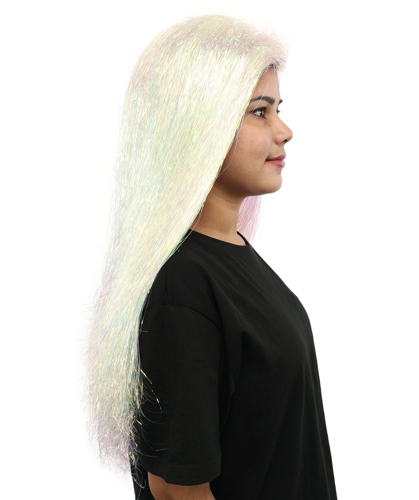 HPO Women's White Sparkling Cosplay Wig | Long Layered Synthetic Wig for Halloween Parties, Festivals, s, and Roleplay