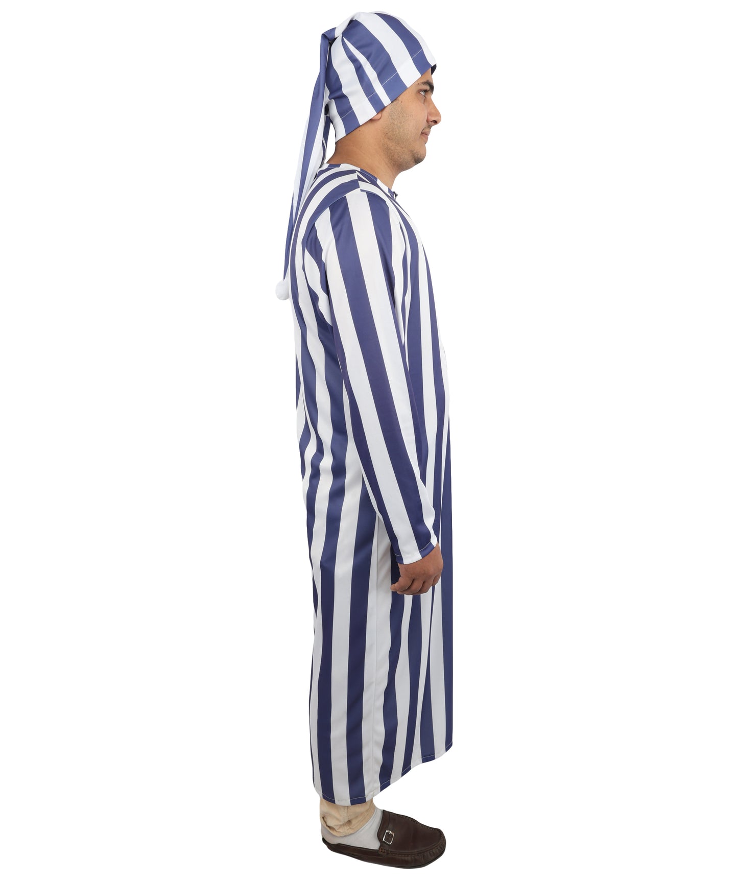 HPO Men's Victorian Striped Sleepwear | Blue and White Vertical Stripe Jersey with Adjustable Matching Nightcap | Ideal for Theater, Halloween, Cosplay, and Historical Performance Events