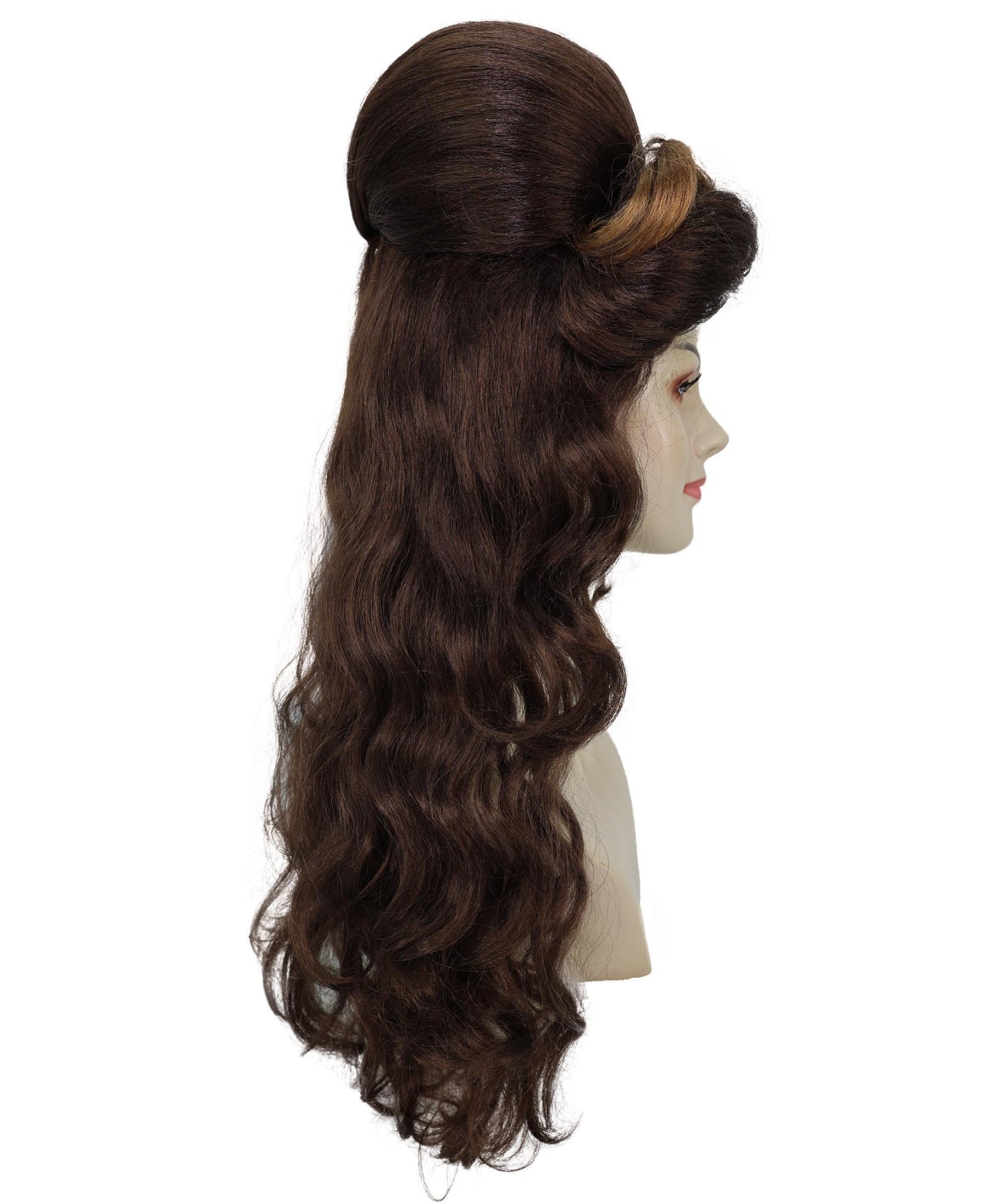 HPO Adult Womens Retro Brown Beehive Wig with Red Flower | 80s Vintage Glam Long Curly Hairpiece for Costume & Parties | Ideal for Halloween | Breathable Capless Cap