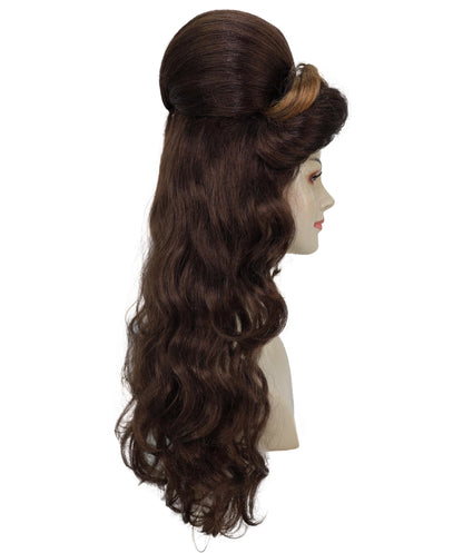 HPO Adult Womens Retro Brown Beehive Wig with Red Flower | 80s Vintage Glam Long Curly Hairpiece for Costume & Parties | Ideal for Halloween | Breathable Capless Cap