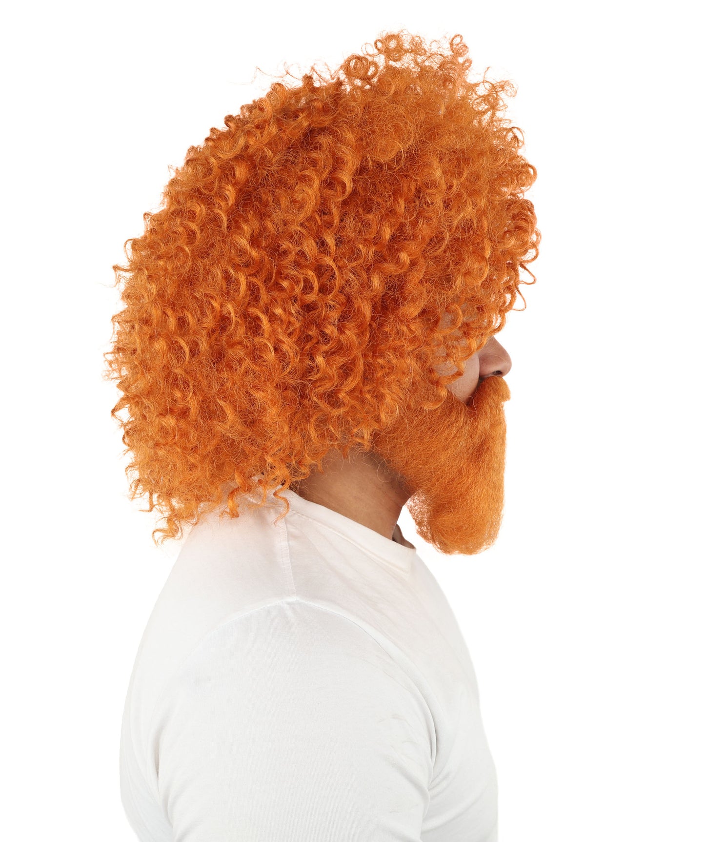 HPO Men's Wild Caveman Orange Wig Beard & Mustache Set | Massive Frizzy Orange Afro and Full Beard Set with Messy Texture | Prehistoric Costume, Viking Cosplay, Halloween, and Funny Party Props