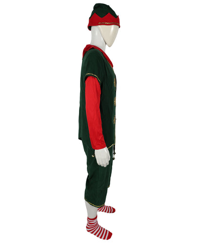 HPO Adult Men’s Deluxe Christmas Elf Costume | Festive Green & Red Tunic | Santa’s Helper Outfit for Holiday Parties & Parades