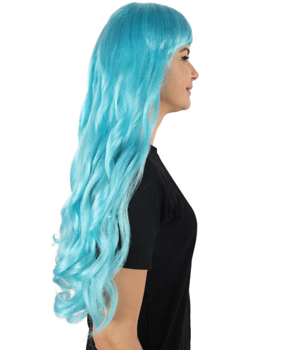 HPO Women's Red Long Wavy Desire Wig with Front Bangs | Halloween and Party Wig | Flame-retardant Synthetic Fiber  |  Premium Breathable Capless Cap