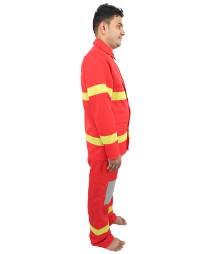 HPO Men’s Fire Rescue Style Red Costume | Halloween Emergency Theme Jacket and Trousers Set | Outfit Use for Parties & Events