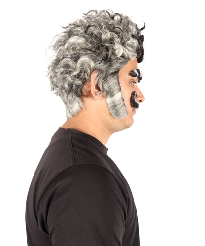 HPO Men's Headmaster Dark Gray Wig with Mustache Set | Halloween Wig | Flame-retardant Synthetic Fiber