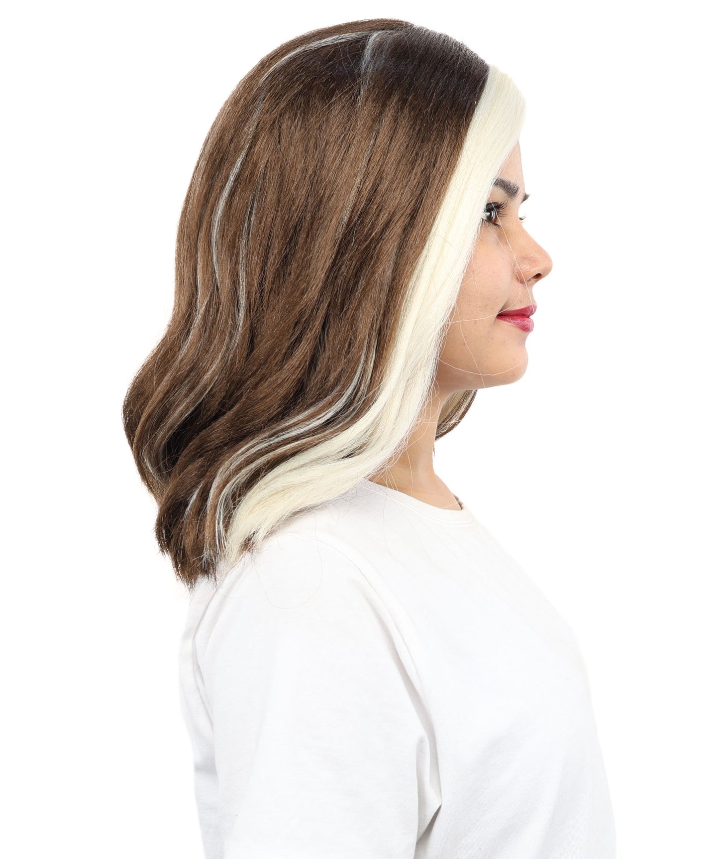 HPO Women’s Brown and White Bang Wig Front Streak | Mid-Length Executive Style | Ideal for Costume Parties, Cosplay, & Halloween Performances