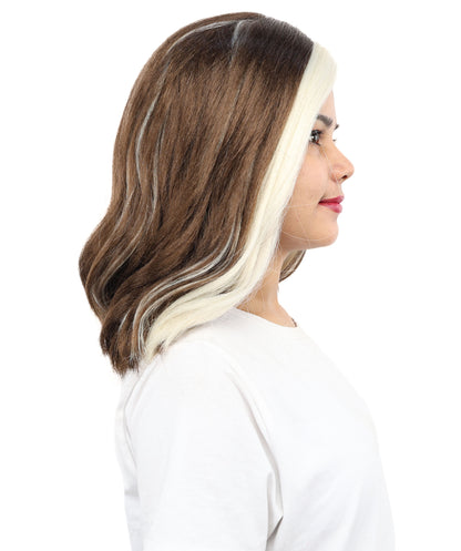 HPO Women’s Brown and White Bang Wig Front Streak | Mid-Length Executive Style | Ideal for Costume Parties, Cosplay, & Halloween Performances