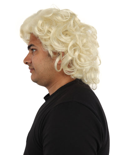 HPO Men’s 80s Light Brown Curly Mullet Wig | Flame-retardant Synthetic Fiber | Retro Movie Character Inspired Hairpiece for Cosplay & Halloween