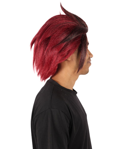 HPO Adult Men'S Short Layered Burgundy Cosplay Wig with Red Markings and Earrings | Anime-Inspired Hair with Cap and Bonus Sticker