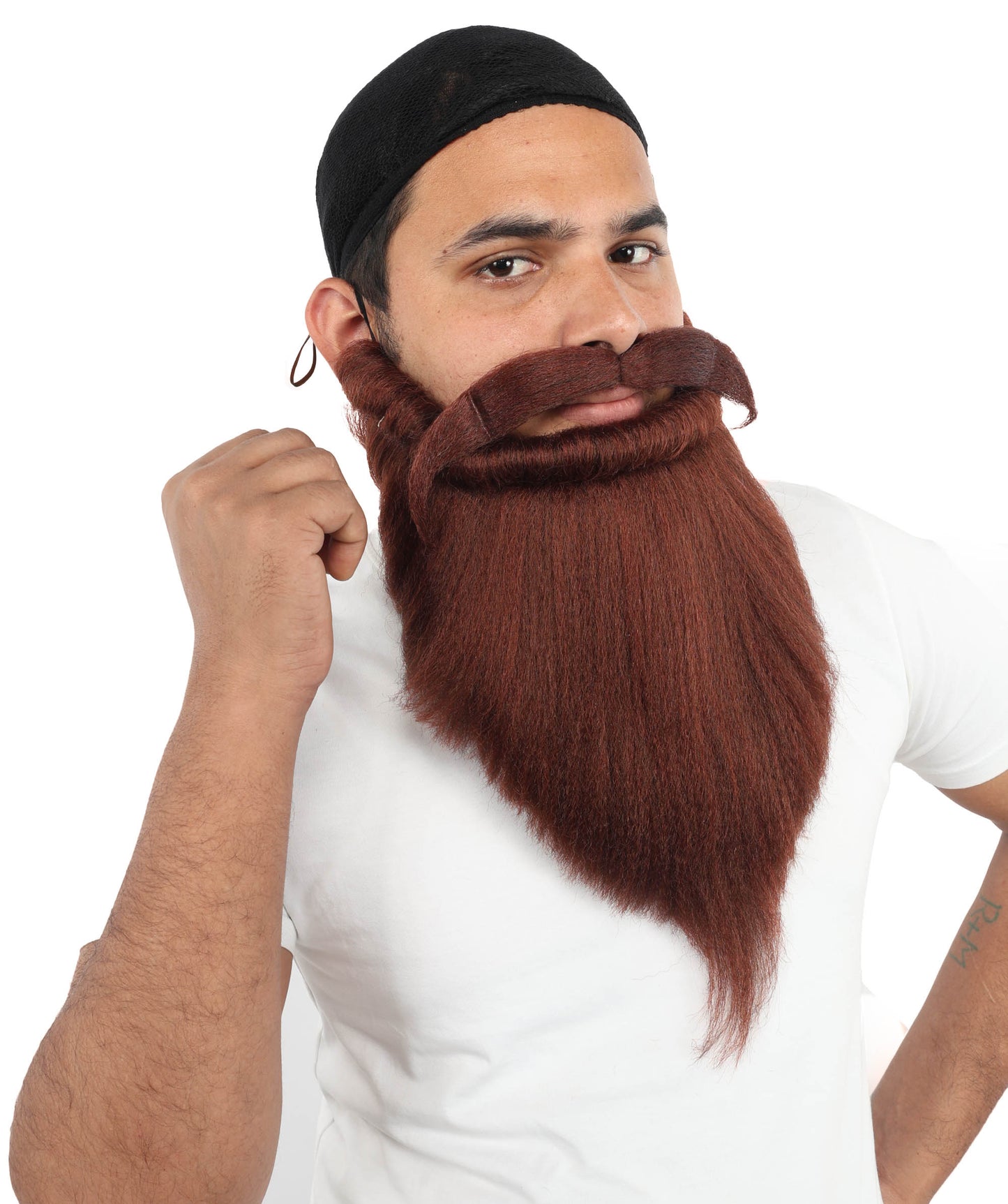 HPO Men's Auburn Beard and Moustache Set | Long Auburn Synthetic Fiber construction featuring a full holiday style | Ideal for party, Halloween, cosplay, theater, drag, performance, costume events